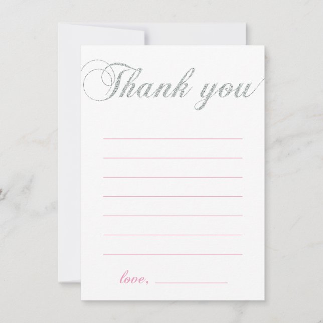 Silver & Pink | Modern Girl Party Thank You Note Card (Front)