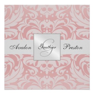 Silver & Pink Monogram Damask Wedding Invitation