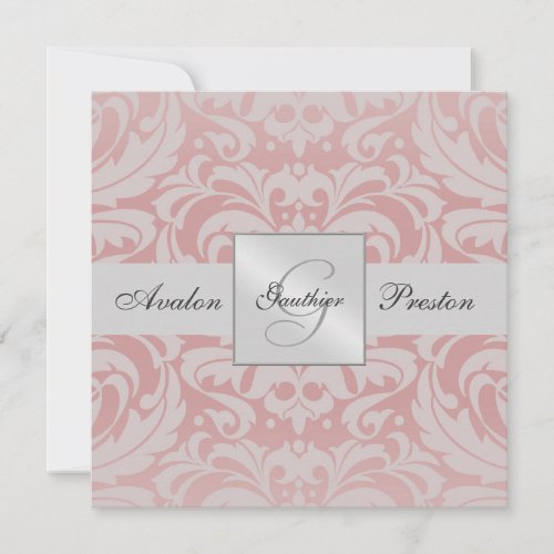Silver &amp; Pink Monogram Damask Wedding Invitation