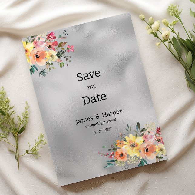 Silver pink orange mint floral theme Save the Date Invitation (Silver pink orange mint floral theme Save the Date)