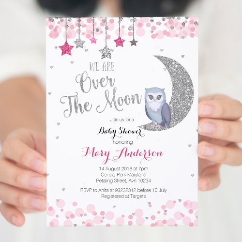 Silver Pink Owl Moon Baby Shower Invitation