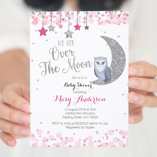 Silver Pink Owl Moon Baby Shower Invitation (Creator Uploaded)