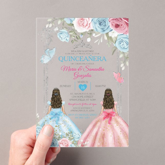 Silver Pink & Pastel Blue Butterfly Quinceañera Acrylic Invitations (Insitu (Handheld))