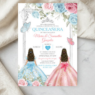 Silver Pink & Pastel Blue Butterfly Quinceañera Invitation