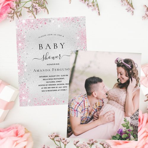 Silver pink photo budget Baby Shower invitation