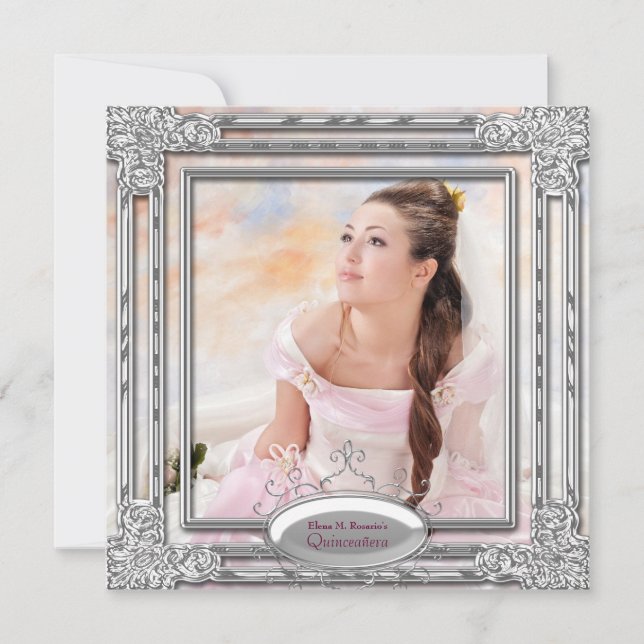 Silver Pink Photo Quinceanera Invitation (Front)