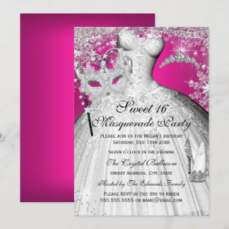 Silver Pink Princess Masquerade Sweet 16 Invite