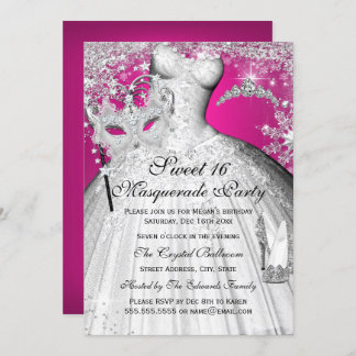 Silver Pink Princess Masquerade Sweet 16 Invite