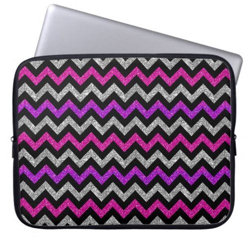 Silver Pink Purple Glitter Black Chevron Stripes Laptop Sleeve