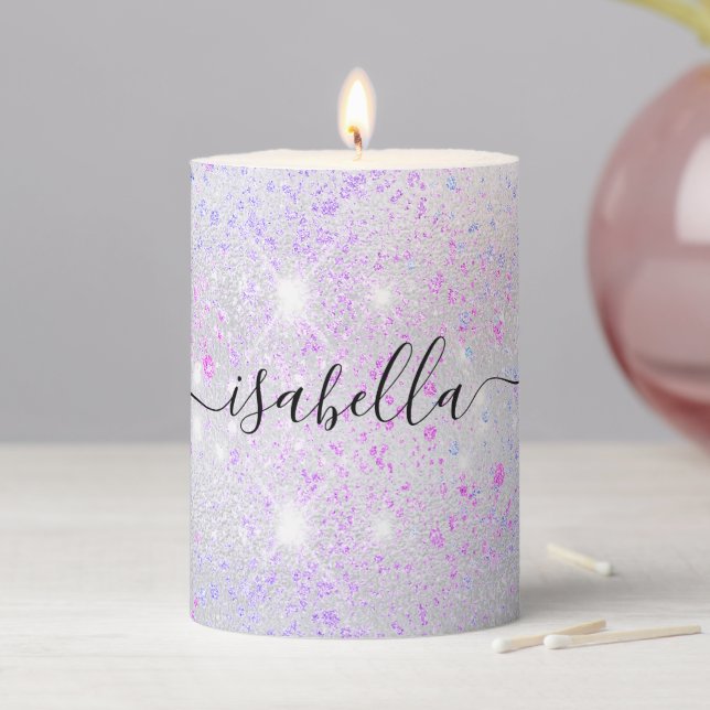 Silver pink purple glitter name script pillar candle (In Situ)