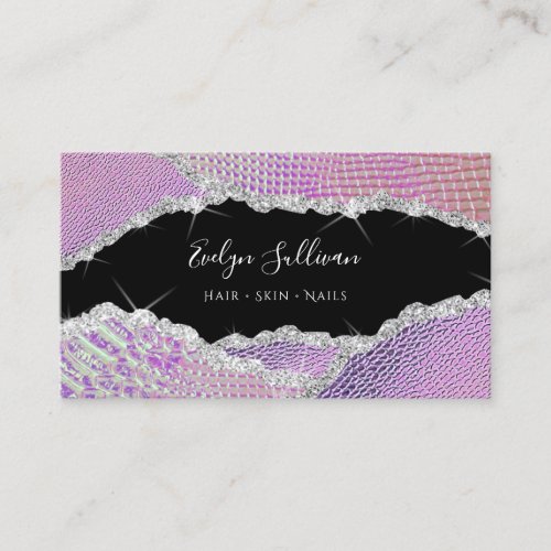 Silver pink purple leather business card