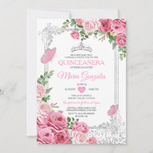 SIlver Pink Quinceañera Crown Butterfly 15 Anos Invitation