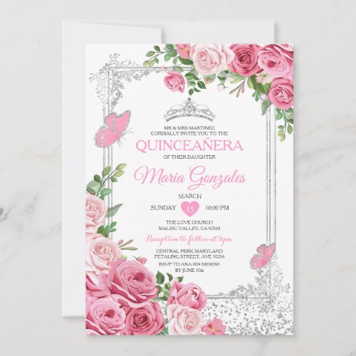 SIlver Pink Quinceaera Crown Butterfly 15 Anos Invitation