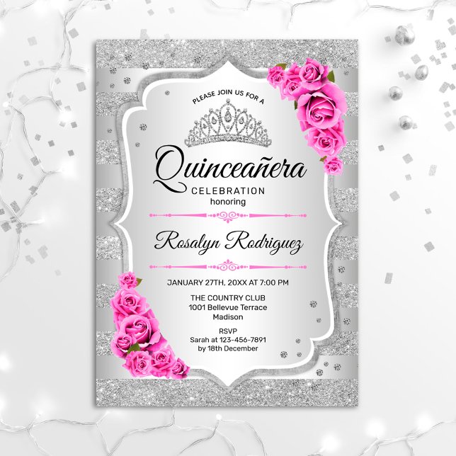 Silver Pink Quinceanera Invitation (Creator Uploaded)
