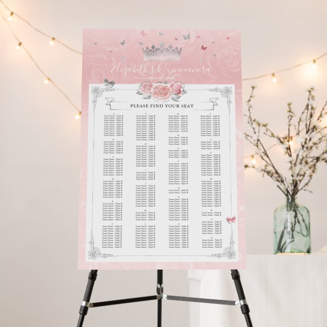 Silver Pink Rose Alphabetical Letter Seating Chart Foam Board (In Situ (Stand))
