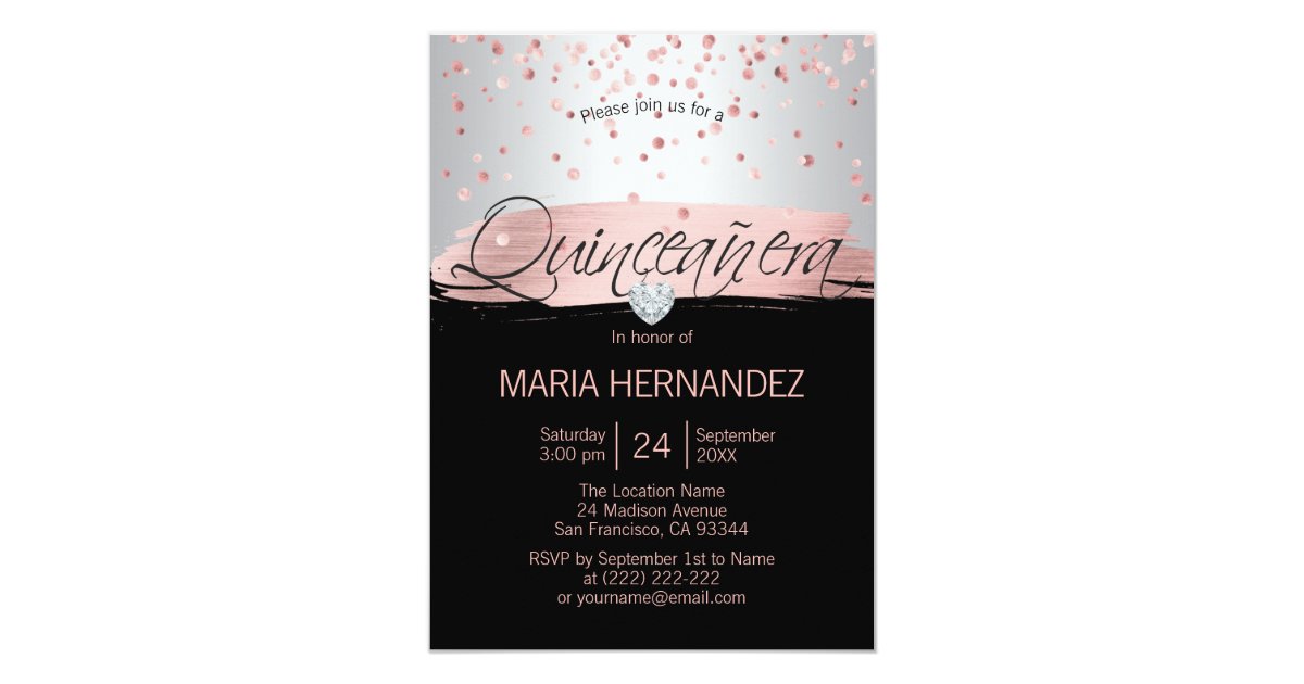 Silver Pink Rose Gold Foil Black QUINCEANERA 15 Invitation | Zazzle.com