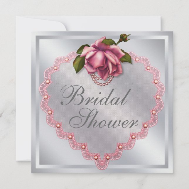 Silver Pink Rose Heart Bridal Shower Invitation (Front)