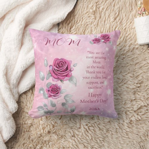 Silver Pink Roses and Leaves Sparkling Moms Throw Pillow