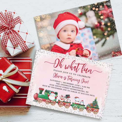 Silver Pink Santa Claus Christmas Birthday Photo Invitation