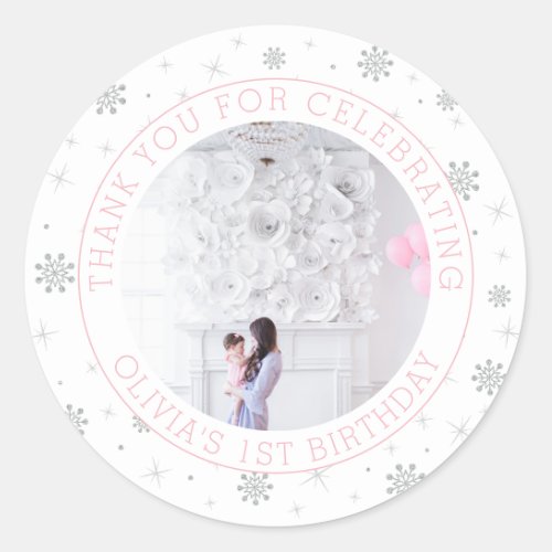 Silver  Pink Snowflake  1st Birthday Party Photo Classic Round Sticker