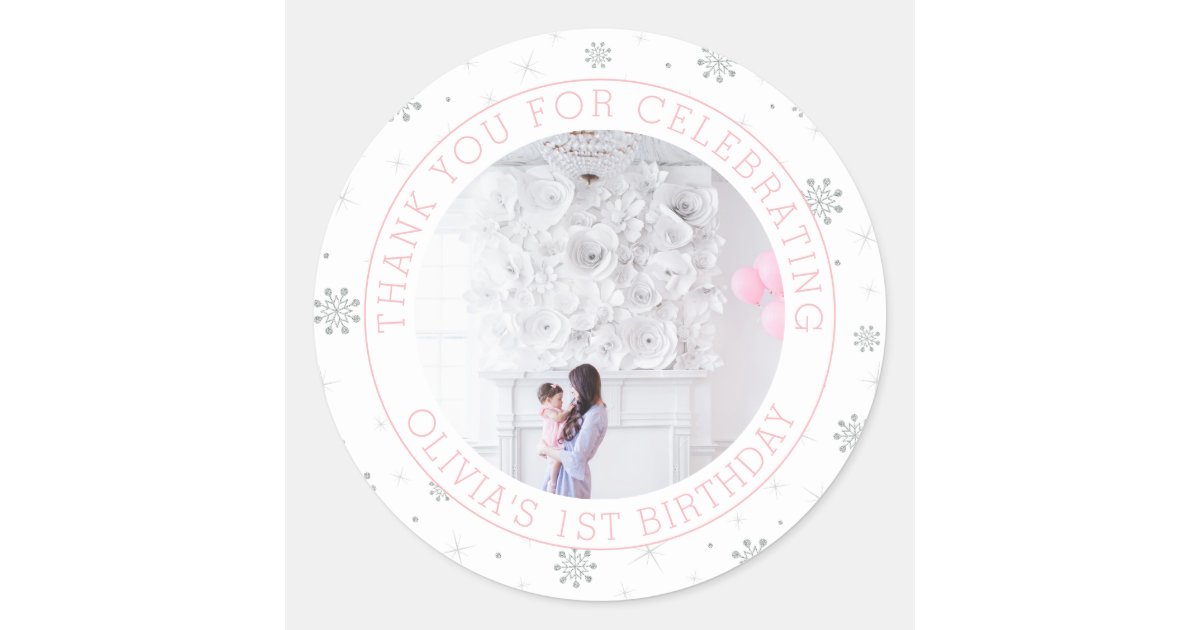Silver & Pink Snowflake | 1st Birthday Party Photo Classic Round