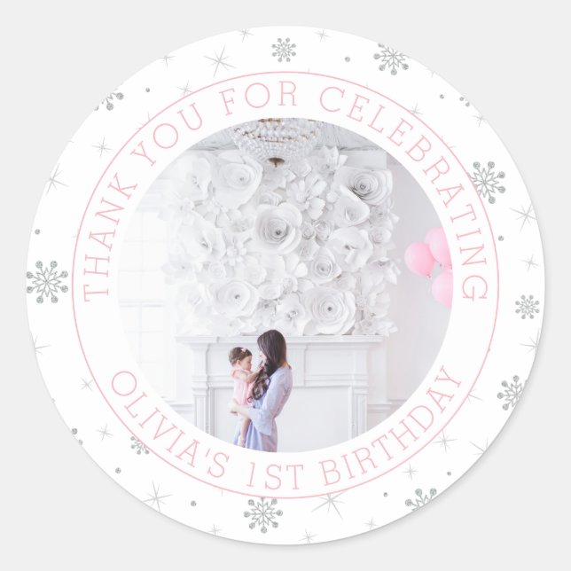 Silver & Pink Snowflake | 1st Birthday Party Photo Classic Round Sticker (Front)