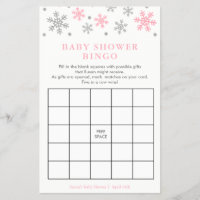 Silver-Pink Snowflake Baby Shower Bingo Game Card