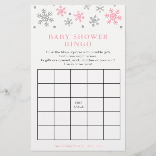Silver-Pink Snowflake Baby Shower Bingo Game Card (Front)