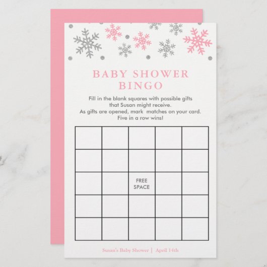 Silver-Pink Snowflake Baby Shower Bingo Game Card (Front/Back)