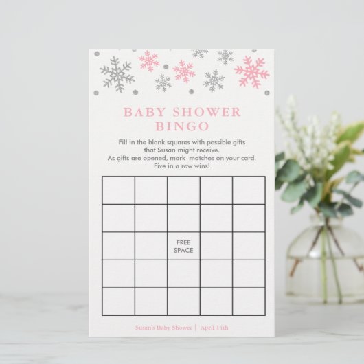 Silver-Pink Snowflake Baby Shower Bingo Game Card (Standing Front)