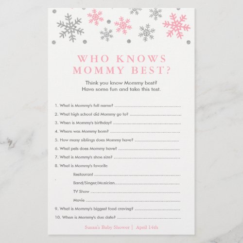 Silver_Pink Snowflake Baby Shower Mommy Game Card