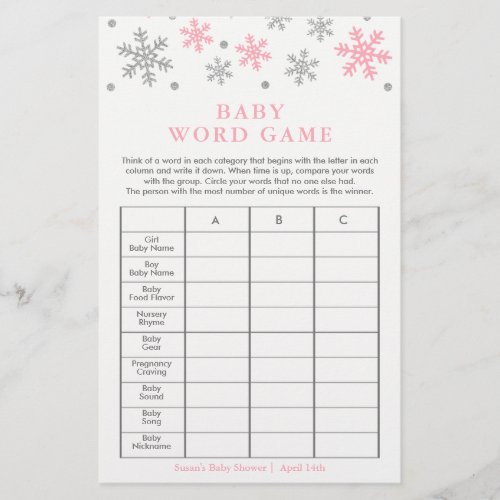 Silver_Pink Snowflake Baby Shower Word Game Card