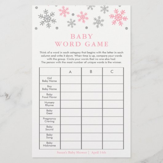 Silver-Pink Snowflake Baby Shower Word Game Card (Front)