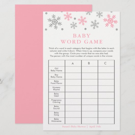 Silver-Pink Snowflake Baby Shower Word Game Card (Front/Back)