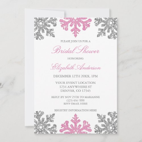 Silver Pink Snowflake Bridal Shower Invitation