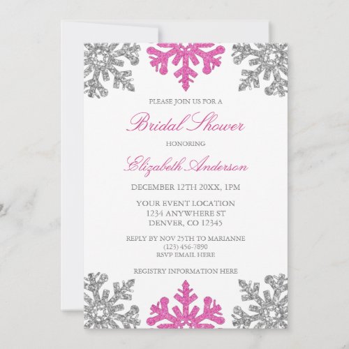 Silver Pink Snowflake Bridal Shower Invitation