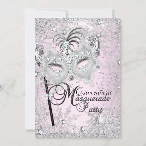 Silver Pink Snowflake Mask Masquerade Quinceanera RSVP Card