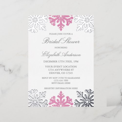 Silver Pink Snowflake Winter Bridal Shower Foil Invitation