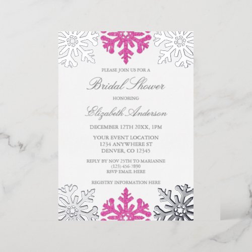 Silver Pink Snowflake Winter Bridal Shower Foil Invitation