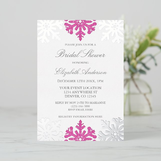 Silver Pink Snowflake Winter Bridal Shower Foil Invitation (Standing Front)