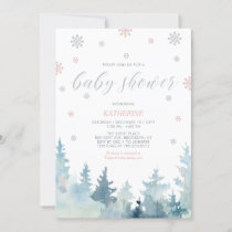 Silver & Pink Snowflake Winter Forest Baby Shower Invitation