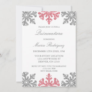Silver Pink Snowflake Winter Quinceanera Invitation