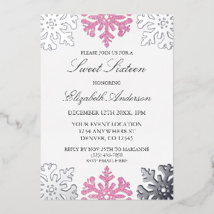 Silver Pink Snowflake Winter Sweet 16 Foil Invitation