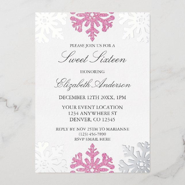 Silver Pink Snowflake Winter Sweet 16 Foil Invitation (Front)