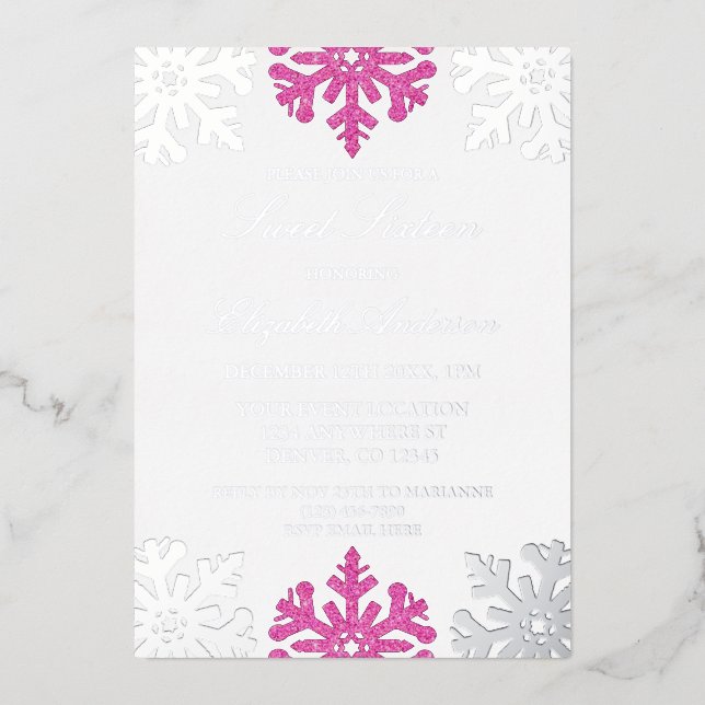 Silver Pink Snowflake Winter Sweet 16 Foil Invitation (Front)