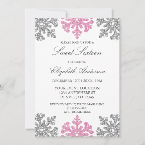 Silver Pink Snowflake Winter Sweet 16 Invitation