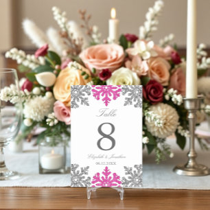 Silver Pink Snowflake Winter Wedding Table Number