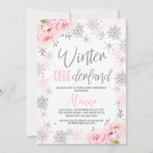 Silver Pink Snowflakes Winter Onederland Birthday Invitation