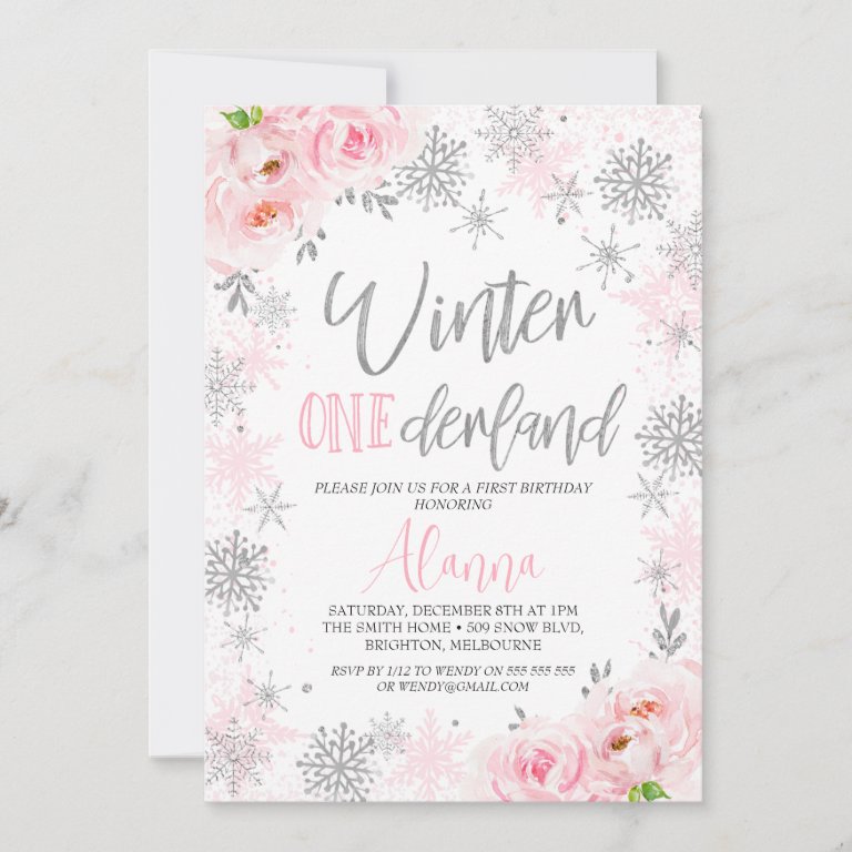 Silver Pink Snowflakes Winter Onederland Birthday Invitation