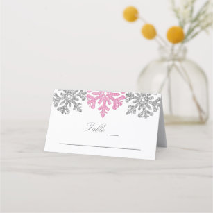 Silver Pink Snowflakes Winter Wedding Place Card